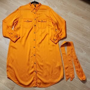 Lauren Ralph Lauren Orange Satin Button Front Long Sleeve Shirt Dress Belted 14W